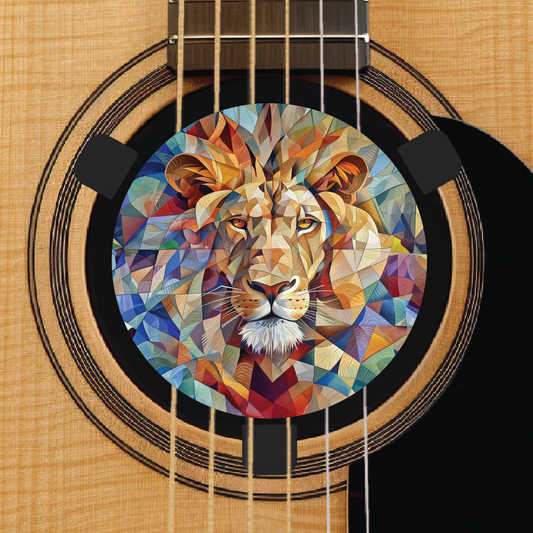 Acoustic Guitar Sound Hole Cover – Cubist Lion Design – Stock Level Logo